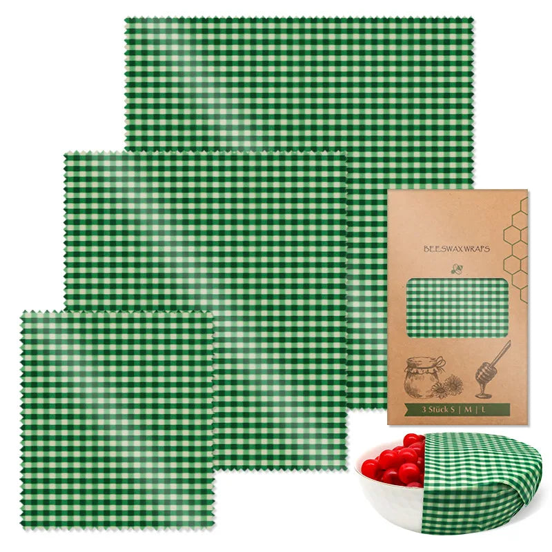 Wrap Alimentaire en Cire d’Abeille – Zéro Déchet motif carreaux verts en trois tailles avec emballage écologique