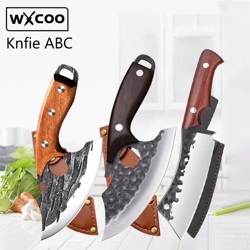 Trois couteaux de cuisine multifonction avec lames en inox, idéaux pour désossage, tranchage, viande et poisson
