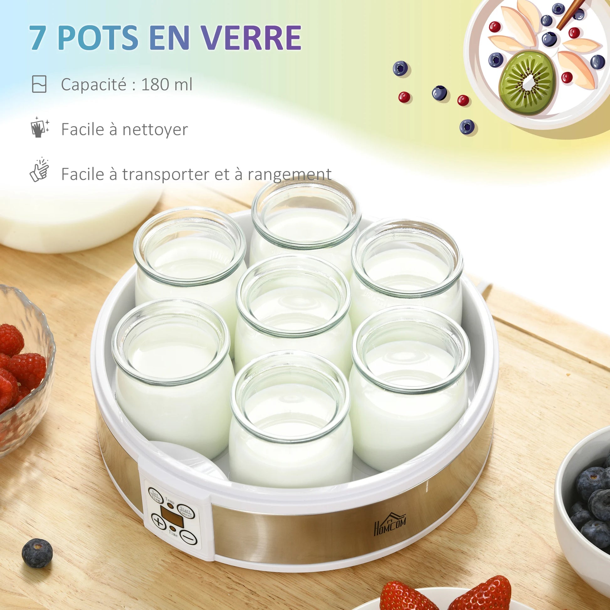 Yaourtière 7 pots en verre compacte pour yaourts maison avec 7 pots de 180 ml sur une table en bois