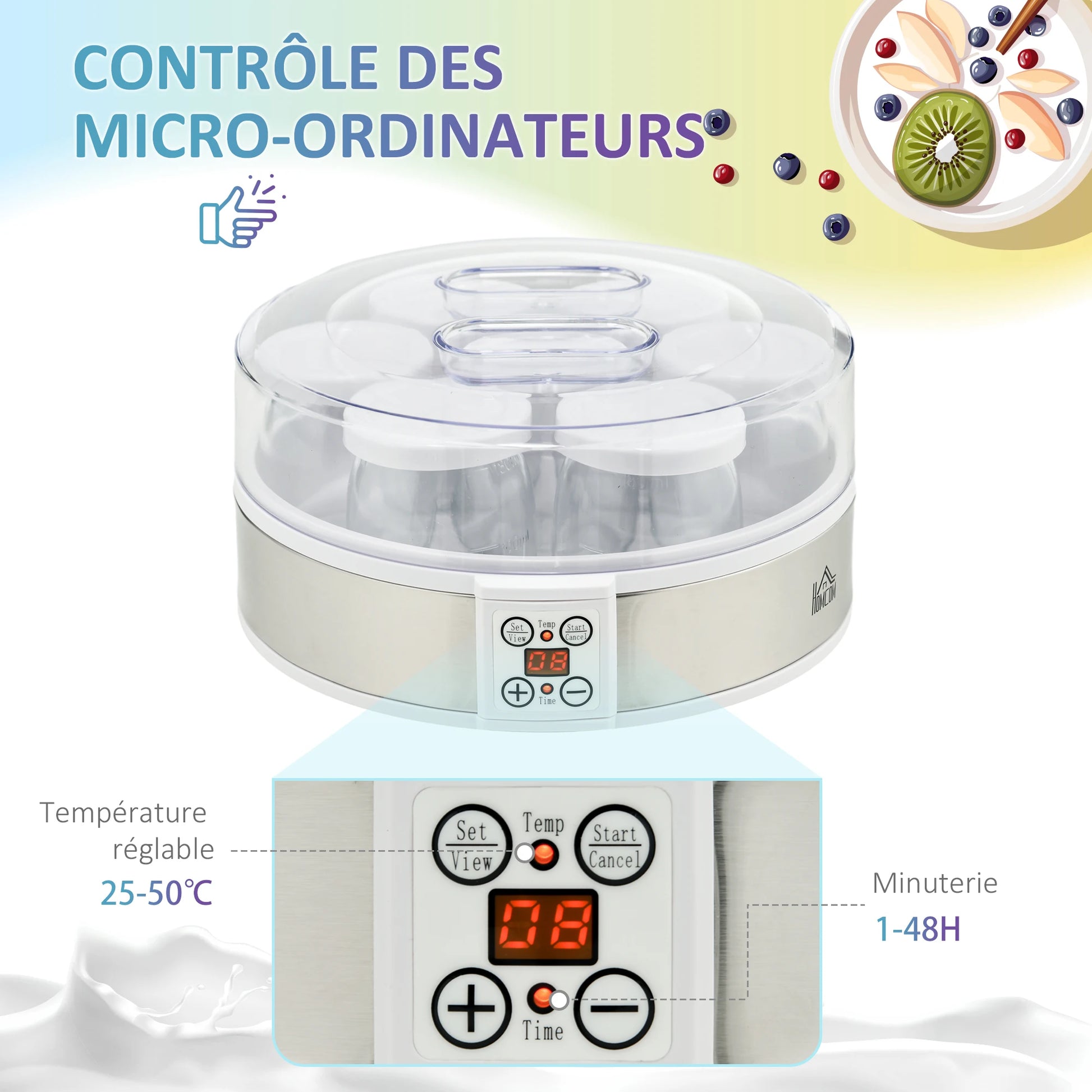 Yaourtière 7 pots en verre compacte pour yaourts maison avec contrôle de température et minuteur.